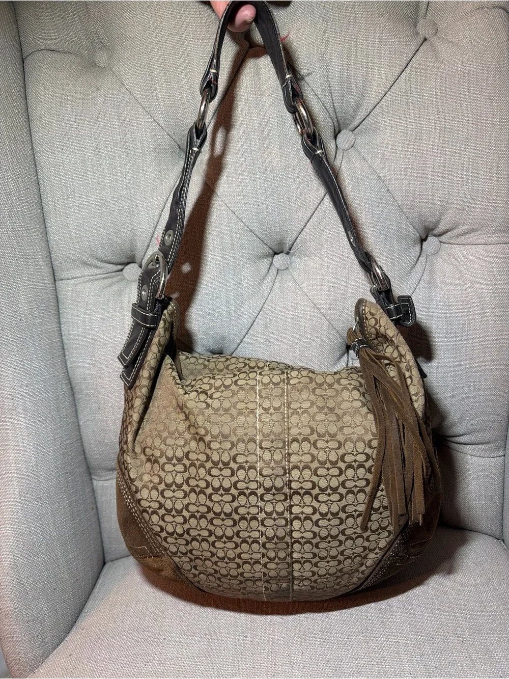 COACH Signature Canvas Half Moon Hobo Bag Brown Suede D052-2158